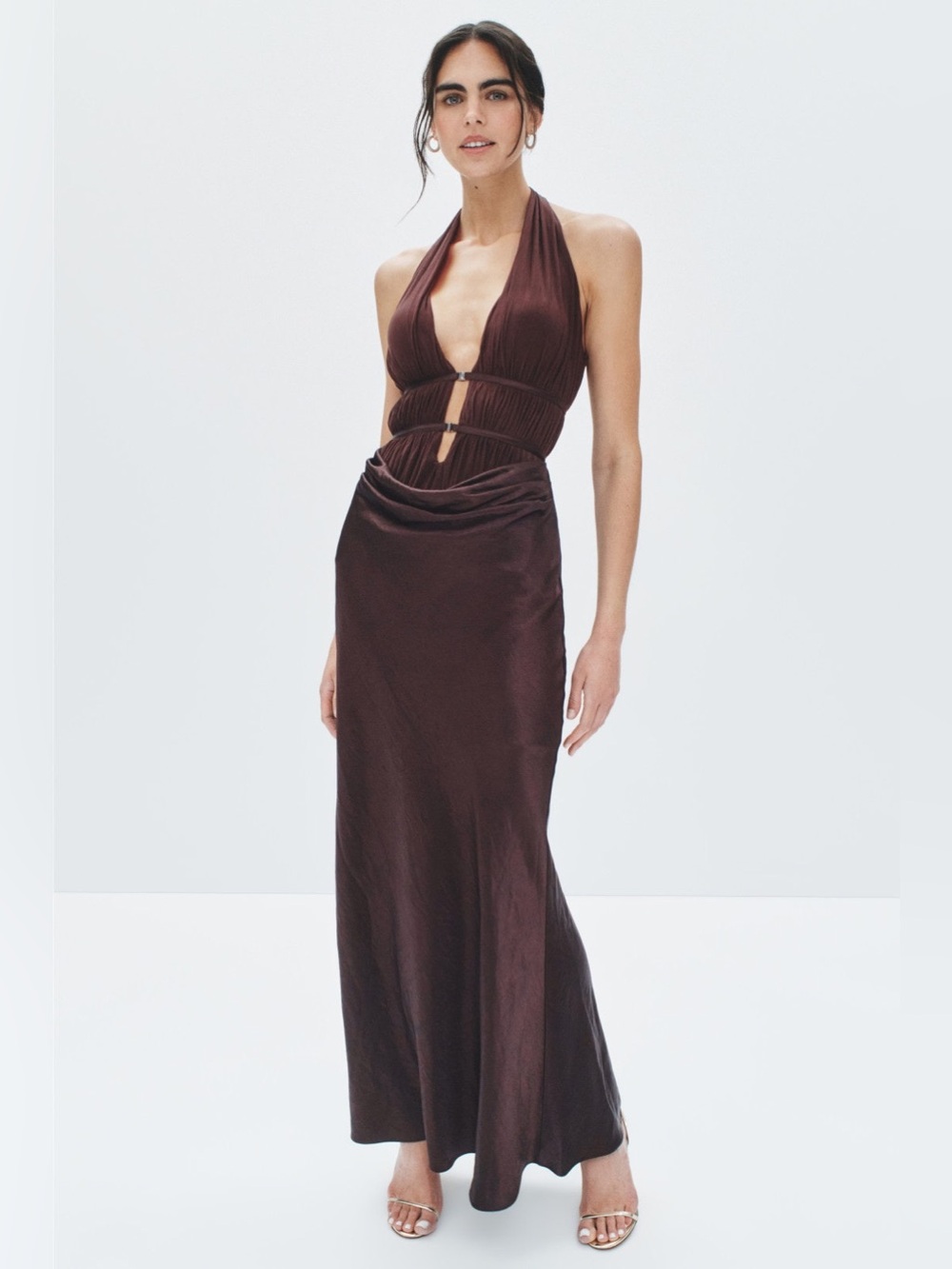 Mishka Brown Halter Dress with Front Clip